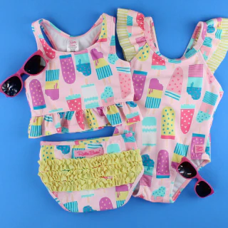 RuffleButts Baby Ice Cream One Piece with Roshambo Pink Glitter Sunglasses - Image 3