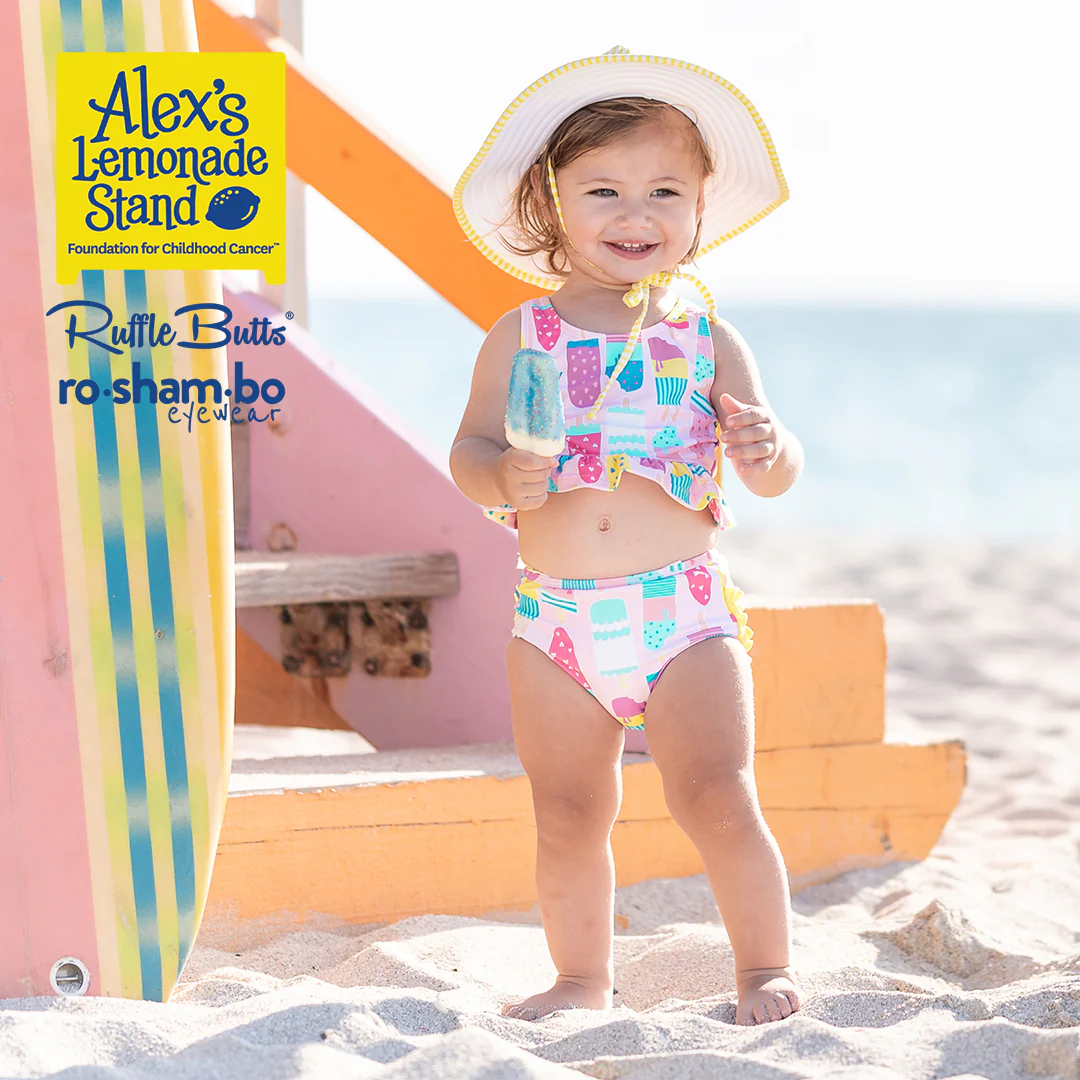 RuffleButts Girls Ice Cream Tankini with Roshambo Pink Glitter Sunglasses - Image 3