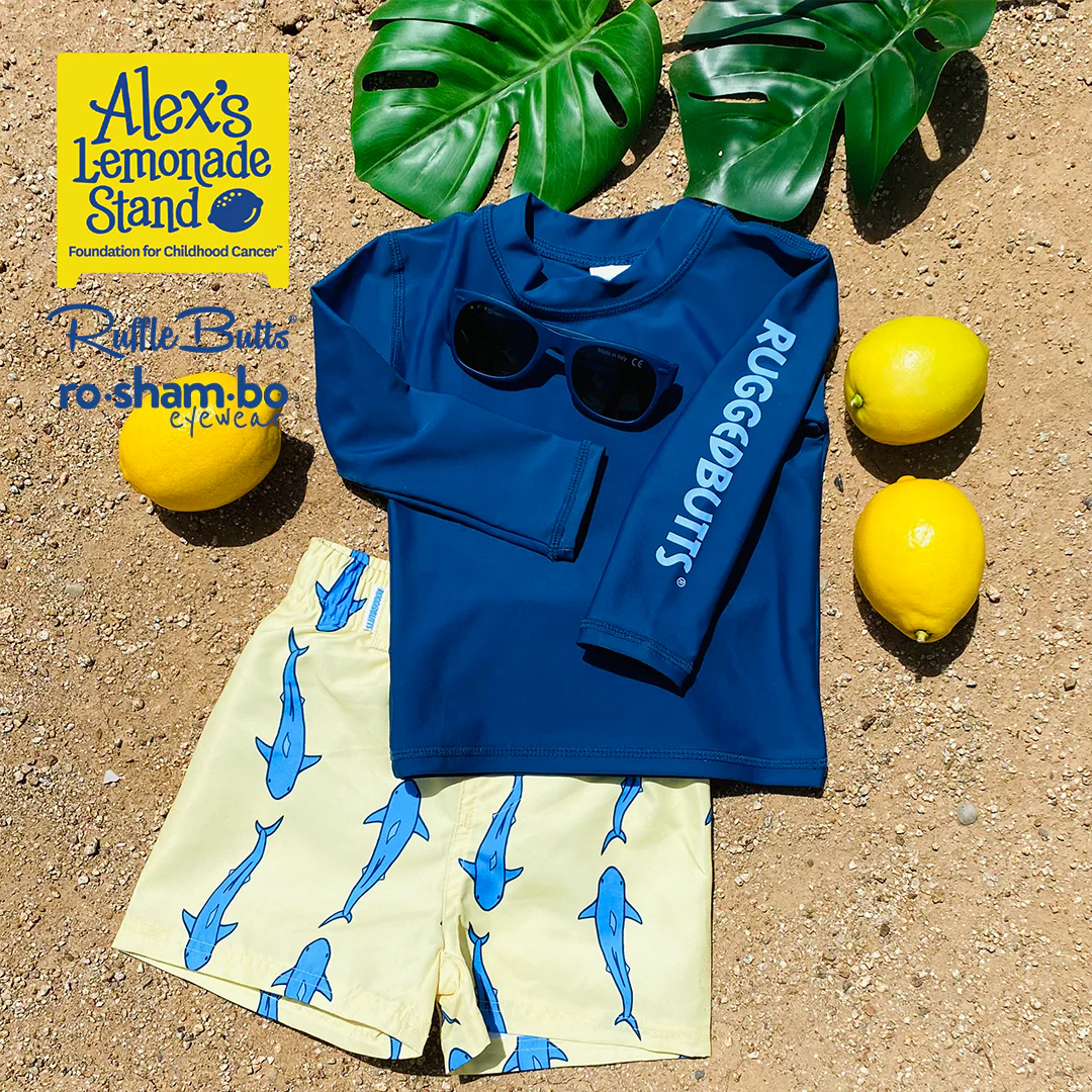 RuggedButts Baby Jawsome Swim Trunks & Rash Guard with Roshambo Navy Sunglasses - Image 6