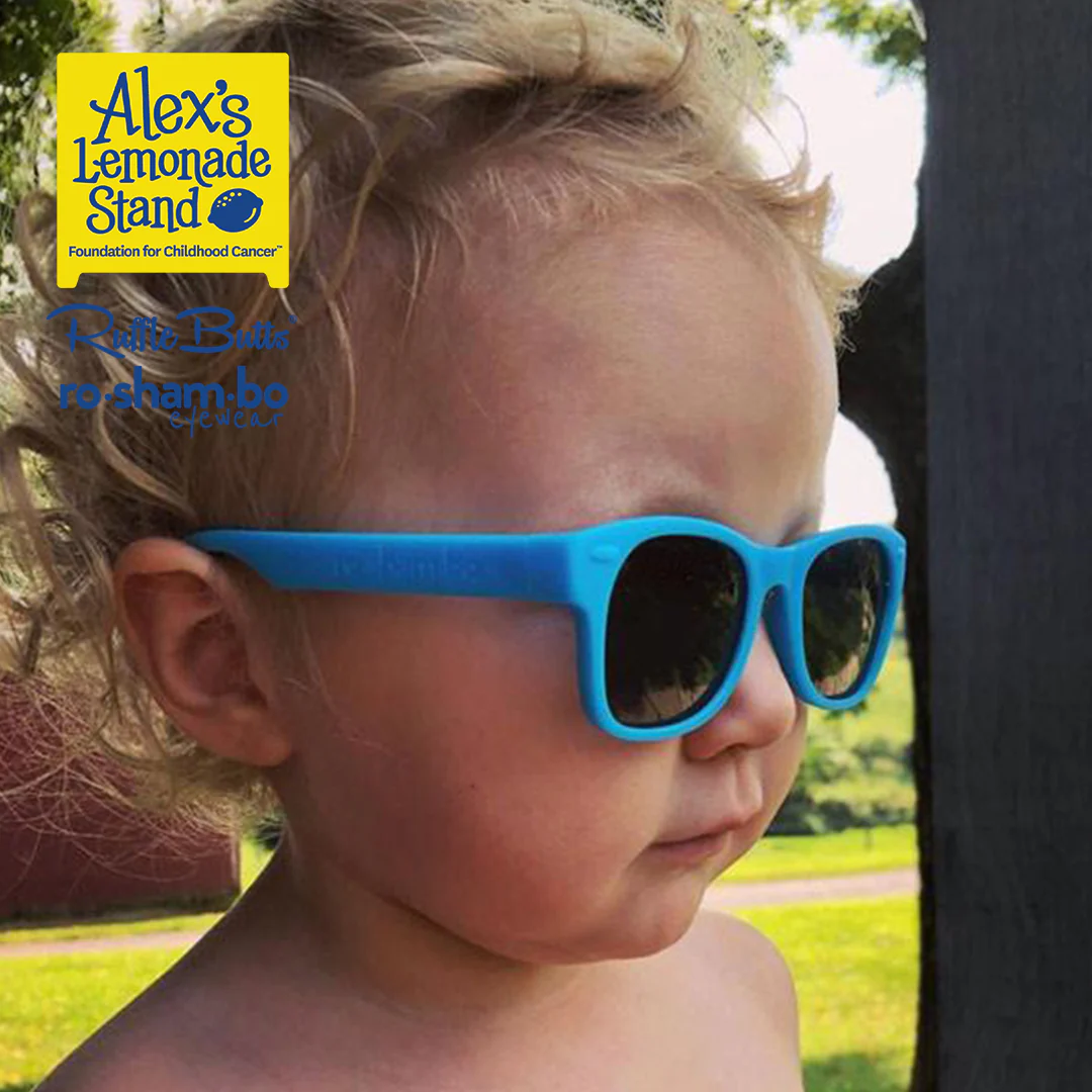 RuggedButts Toddler Rainbow Stripe Swim Trunks & Rash Guard with Roshambo Blue Sunglasses - Image 5